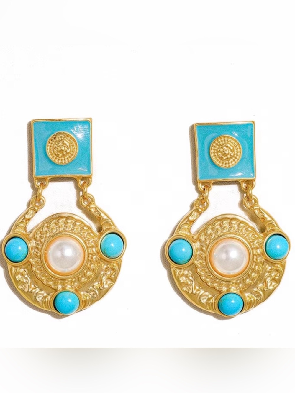 Baroque Turquoise and Gold Drop Earrings with Pearl Accent